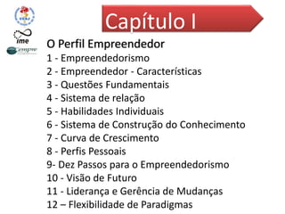 O Perfil Empreendedor
1 - Empreendedorismo
2 - Empreendedor - Características
3 - Questões Fundamentais
4 - Sistema de relação
5 - Habilidades Individuais
6 - Sistema de Construção do Conhecimento
7 - Curva de Crescimento
8 - Perfis Pessoais
9- Dez Passos para o Empreendedorismo
10 - Visão de Futuro
11 - Liderança e Gerência de Mudanças
12 – Flexibilidade de Paradigmas
Capítulo I
 