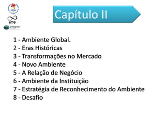 Capítulo II
1 - Ambiente Global.
2 - Eras Históricas
3 - Transformações no Mercado
4 - Novo Ambiente
5 - A Relação de Negócio
6 - Ambiente da Instituição
7 - Estratégia de Reconhecimento do Ambiente
8 - Desafio
 