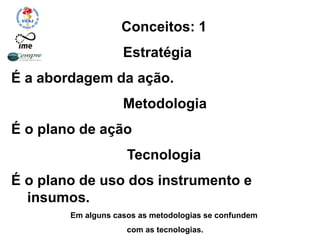 Conceitos: 1
Estratégia
É a abordagem da ação.
Metodologia
É o plano de ação
Tecnologia
É o plano de uso dos instrumento e
insumos.
Em alguns casos as metodologias se confundem
com as tecnologias.
 