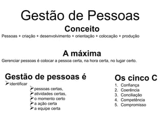 Conceito
Pessoas + criação + desenvolvimento + orientação + colocação + produção
A máxima
Gerenciar pessoas é colocar a pessoa certa, na hora certa, no lugar certo.
Gestão de pessoas é
identificar
pessoas certas,
atividades certas,
o momento certo
a ação certa
a equipe certa
Gestão de Pessoas
Os cinco C
1. Confiança
2. Coerência
3. Conciliação
4. Competência
5. Compromisso
 