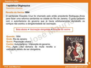 Revolta da Vacina 1904
República Velha
República Oligárquica
Questões urbanas
11
O sanitarista Oswaldo Cruz foi chamado pelo então presidente Rodrigues Alves
para fazer uma reforma sanitarista na cidade do Rio de Janeiro. O povo cansado
com o autoritarismo do governo que já havia arbitrariamente derrubado os
cortiços não aceitou a obrigatoriedade da vacinação.
Bota abaixo + Vacinação obrigatória = Revolta da vacina
Quando: 1904
Onde: Rio de Janeiro
Quem: População urbana
Contra: Autoritarismo / imposição do governo.
Fim: Após uma semana de muita revolta a
vacinação deixou de ser obrigatória.
 