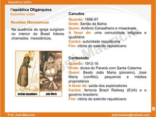 Revoltas Messiânicas
Na ausência da igreja surgiram
no interior do Brasil líderes
chamados messiânicos.
República Velha
República Oligárquica
Questões rurais
Quando: 1896-97
Onde: Sertão da Bahia
Quem: Antônio Conselheiro e miseráveis
A favor de: uma comunidade religiosa e
igualitária
Contra: autoridade republicana
Fim: vitória do exército republicano
Quando: 1912-16
Onde: divisa do Paraná com Santa Catarina
Quem: Beato João Maria (pioneiro), José
Maria (conflito), pequenos e médios
proprietários
A favor de: saída dos exploradores
Contra: ferrovia Brazil Railway (EUA) e o
governo brasileiro
Fim: vitória do exército republicano
9
Contestado
Canudos
 
