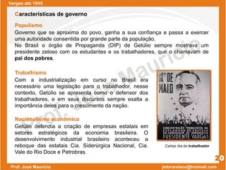 Vargas até 1945
Populismo
20
Características de governo
Governo que se aproxima do povo, ganha a sua confiança e passa a exercer
uma autoridade consentida por grande parte da população.
No Brasil o órgão de Propaganda (DIP) de Getúlio sempre mostrava um
presidente zeloso com os estudantes e os trabalhadores, que o chamavam de
pai dos pobres.
Nacionalismo econômico
Getúlio defendia a criação de empresas estatais em
setores estratégicos da economia brasileira. O
desenvolvimento industrial brasileiro aconteceu a
reboque das estatais Cia. Siderúrgica Nacional, Cia.
Vale do Rio Doce e Petrobras.
Trabalhismo
Com a industrialização em curso no Brasil era
necessário uma legislação para o trabalhador, nesse
contexto, Getúlio se apresenta como o defensor dos
trabalhadores, e em seus discursos sempre exalta a
importância deles para o crescimento da nação.
Cartaz dia do trabalhador
 