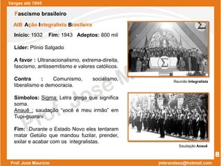 AIB Ação Integralista Brasileira
Início: 1932 Fim: 1943 Adeptos: 800 mil
Líder: Plínio Salgado
A favor : Ultranacionalismo, extrema-direita,
fascismo, antissemitismo e valores católicos.
Contra : Comunismo, socialismo,
liberalismo e democracia.
Símbolos: Sigma: Letra grega que significa
soma.
Anauê : saudação “você é meu irmão” em
Tupi-guarani
Fim: Durante o Estado Novo eles tentaram
matar Getúlio que mandou fuzilar, prender,
exilar e acabar com os integralistas.
Vargas até 1945
8
Fascismo brasileiro
Reunião Integralista
Saudação Anauê
 