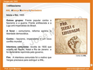 ANL Aliança Nacional Libertadora
Início e fim: 1935
Outros grupos: Frente popular contra o
fascismo e a guerra; Frente antifascista e a
Liga anti-imperialista do Brasil.
A favor : comunismo, reforma agrária, e
liberdade democrática.
Contra : fascismo, imperialismo e um novo
conflito mundial.
Intentona comunista: revolta de 1935 que
eclodiu em Recife, Natal e Rio de Janeiro e
foi duramente reprimida pelo governo.
Fim: A intentona comunista foi o motivo que
Vargas precisava para extinguir a ANL.
Vargas até 1945
9
Antifascismo
Cartaz da ANL
 