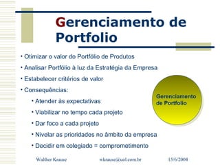 Gerenciamento de
              Portfolio
• Otimizar o valor do Portfólio de Produtos
• Analisar Portfólio à luz da Estratégia da Empresa
• Estabelecer critérios de valor
• Consequências:
                                                     Gerenciamento
    • Atender às expectativas                        de Portfolio
    • Viabilizar no tempo cada projeto
    • Dar foco a cada projeto
    • Nivelar as prioridades no âmbito da empresa
    • Decidir em colegiado = comprometimento

      Walther Krause            wkrause@uol.com.br      15/6/2004
 