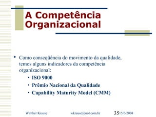 A Competência
    Organizacional


 Como conseqüência do movimento da qualidade,
  temos alguns indicadores da competência
  organizacional:
      • ISO 9000

      • Prêmio Nacional da Qualidade

      • Capability Maturity Model (CMM)




     Walther Krause     wkrause@uol.com.br   3515/6/2004
 