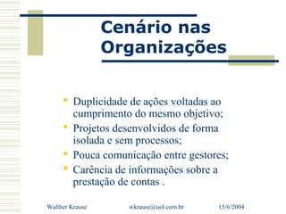 Cenário nas
                 Organizações


      Duplicidade de ações voltadas ao
       cumprimento do mesmo objetivo;
      Projetos desenvolvidos de forma
       isolada e sem processos;
      Pouca comunicação entre gestores;
      Carência de informações sobre a
       prestação de contas .

Walther Krause     wkrause@uol.com.br   15/6/2004
 