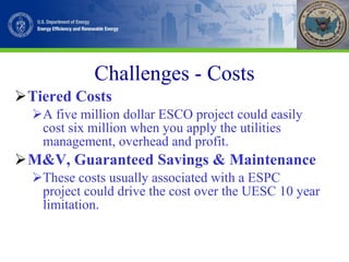 Challenges - Costs Tiered Costs A five million dollar ESCO project could easily cost six million when you apply the utilities management, overhead and profit. M&V, Guaranteed Savings & Maintenance These costs usually associated with a ESPC project could drive the cost over the UESC 10 year limitation. 