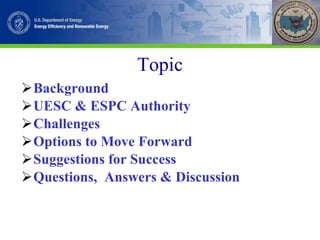 Topic Background UESC & ESPC Authority Challenges Options to Move Forward Suggestions for Success Questions,  Answers & Discussion 