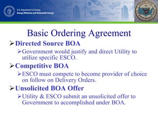 Basic Ordering Agreement Directed Source BOA Government would justify and direct Utility to utilize specific ESCO. Competitive BOA ESCO must compete to become provider of choice on follow on Delivery Orders. Unsolicited BOA Offer Utility & ESCO submit an unsolicited offer to Government to accomplished under BOA. 