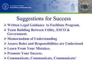 Suggestions for Success Written Legal Guidance  to Facilitate Program. Team Building Between Utility, ESCO & Government. Memorandum of Understanding Assure Roles and Responsibilities are Understood Learn From Your Mistakes. Promote Your Success. Communicate, Communicate, Communicate ! 