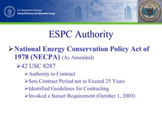 ESPC Authority National Energy Conservation Policy Act of 1978 (NECPA)   (As Amended) 42 USC 8287 Authority to Contract Sets Contract Period not to Exceed 25 Years Identified Guidelines for Contracting Invoked a Sunset Requirement (October 1, 2003)  