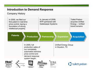 Introduction to Demand Response
Company History

   In 2000, we filed our                In January of 2008,                 Tullett Prebon
   first patent in real-time            RTP partnered with                  acquires Unified
   price control, laying a              Gatekeeper Systems                  Energy – Unified
   foundation of strong                                                     brand remains
   intellectual property.


        Patents
                           Production        Partnership      Expansion       Acquisition


                       In 2005, full                       Unified Energy Group
                       production sales of                 in Houston, TX
                       our completely
                       automated real-time
                       price control and
                       demand response
                       system began.


Page § 10
 