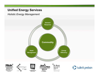 Unified Energy Services
Holistic Energy Management


                               Demand
                              Response




                             Commodity


                  Asset                   Energy
                Management               Efficiency
 