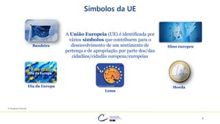 2
Símbolos da UE
Lema
Hino europeu
Moeda
Bandeira
Dia da Europa
© Imagens | Eurocid
A União Europeia (UE) é identificada por
vários símbolos que contribuem para o
desenvolvimento de um sentimento de
pertença e de apropriação por parte dos/das
cidadãos/cidadãs europeus/europeias
 