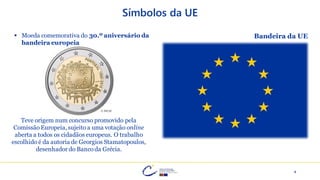 4
Símbolos da UE
▪ Moeda comemorativa do 30.º aniversário da
bandeira europeia
Teve origem num concurso promovido pela
Comissão Europeia, sujeito a uma votação online
aberta a todos os cidadãos europeus. O trabalho
escolhido é da autoria de Georgios Stamatopoulos,
desenhador do Banco da Grécia.
Bandeira da UE
© INCM
 