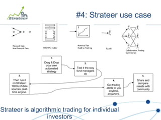 #4: Strateer use case Strateer is algorithmic trading for individual investors 1. Drag & Drop your own automated strategy 2. Test it the way fund managers do 3. Then run it on Strateer: 1000s of data sources, real-time engine. 4. Get trading alerts to you anytime, anywhere. 5. Share and compare results with community 