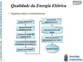57 
Qualidade da Energia Elétrica 
O que Monitorar? 
Equipamento de 
medição de QEE 
Limiares de ajuste do 
equipamento 
Local de Monitoramento 
e o número de medidores 
Duração do 
Monitoramento 
Processamento e 
apresentação dos dados 
Taxa de amostragem 
Armazenamento dos 
dados 
Relatório final 
 Aspectos sobre o monitoramento 
 