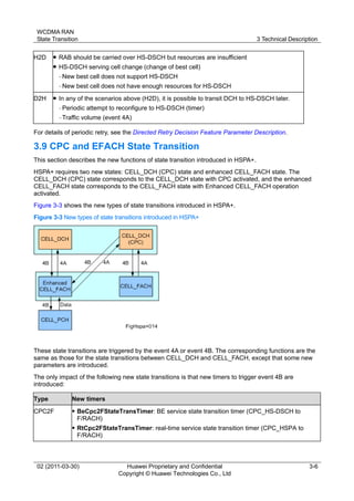 WCDMA RAN
State Transition 3 Technical Description
02 (2011-03-30) Huawei Proprietary and Confidential
Copyright © Huawei Technologies Co., Ltd
3-6
H2D  RAB should be carried over HS-DSCH but resources are insufficient
 HS-DSCH serving cell change (change of best cell)
− New best cell does not support HS-DSCH
− New best cell does not have enough resources for HS-DSCH
D2H  In any of the scenarios above (H2D), it is possible to transit DCH to HS-DSCH later.
− Periodic attempt to reconfigure to HS-DSCH (timer)
− Traffic volume (event 4A)
For details of periodic retry, see the Directed Retry Decision Feature Parameter Description.
3.9 CPC and EFACH State Transition
This section describes the new functions of state transition introduced in HSPA+.
HSPA+ requires two new states: CELL_DCH (CPC) state and enhanced CELL_FACH state. The
CELL_DCH (CPC) state corresponds to the CELL_DCH state with CPC activated, and the enhanced
CELL_FACH state corresponds to the CELL_FACH state with Enhanced CELL_FACH operation
activated.
Figure 3-3 shows the new types of state transitions introduced in HSPA+.
Figure 3-3 New types of state transitions introduced in HSPA+
These state transitions are triggered by the event 4A or event 4B. The corresponding functions are the
same as those for the state transitions between CELL_DCH and CELL_FACH, except that some new
parameters are introduced.
The only impact of the following new state transitions is that new timers to trigger event 4B are
introduced:
Type New timers
CPC2F  BeCpc2FStateTransTimer: BE service state transition timer (CPC_HS-DSCH to
F/RACH)
 RtCpc2FStateTransTimer: real-time service state transition timer (CPC_HSPA to
F/RACH)
 