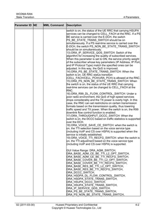 WCDMA RAN
State Transition 4 Parameters
02 (2011-03-30) Huawei Proprietary and Confidential
Copyright © Huawei Technologies Co., Ltd
4-2
Parameter ID NE MML Command Description
switch is on, the status of the UE RRC that carrying HSUPA
services can be changed to CELL_FACH at the RNC. If a PS
BE service is carried over the E-DCH, the switch
PS_BE_STATE_TRANS_SWITCH should be on
simultaneously. If a PS real-time service is carried over the
E-DCH, the switch PS_NON_BE_STATE_TRANS_SWITCH
should be on simultaneously.
13) DRA_IP_SERVICE_QOS_SWITCH: Switch of the
algorithm for increasing the quality of subscribed services.
When this parameter is set to ON, the service priority weight
of the subscriber whose key parameters (IP Address, IP Port,
and IP Protocol Type) match the specified ones can be
adjusted. In this way, the QoS is improved.
14) DRA_PS_BE_STATE_TRANS_SWITCH: When the
switch is on, UE RRC status transition
(CELL_FACH/CELL_PCH/URA_PCH) is allowed at the RNC.
15) DRA_PS_NON_BE_STATE_TRANS_SWITCH: When
the switch is on, the status of the UE RRC that carrying
real-time services can be changed to CELL_FACH at the
RNC.
16) DRA_R99_DL_FLOW_CONTROL_SWITCH: Under a
poor radio environment, the QoS of high speed services
drops considerably and the TX power is overly high. In this
case, the RNC can set restrictions on certain transmission
formats based on the transmission quality, thus lowering
traffic speed and TX power. When the switch is on, the R99
downlink flow control function is enabled.
17) DRA_THROUGHPUT_DCCC_SWITCH: When the
switch is on, the DCCC based on traffic statistics is supported
over the DCH.
18) DRA_VOICE_SAVE_CE_SWITCH: when the switch is
on, the TTI selection based on the voice service type
(including VoIP and CS over HSPA) is supported when the
service is initially established.
19) DRA_VOICE_TTI_RECFG_SWITCH: when the switch is
on, the TTI adjustment based on the voice service type
(including VoIP and CS over HSPA) is supported.
GUI Value Range: DRA_AQM_SWITCH,
DRA_BASE_ADM_CE_BE_TTI_L2_OPT_SWITCH,
DRA_BASE_ADM_CE_BE_TTI_RECFG_SWITCH,
DRA_BASE_COVER_BE_TTI_L2_OPT_SWITCH,
DRA_BASE_COVER_BE_TTI_RECFG_SWITCH,
DRA_BASE_RES_BE_TTI_L2_OPT_SWITCH,
DRA_BASE_RES_BE_TTI_RECFG_SWITCH,
DRA_DCCC_SWITCH,
DRA_HSDPA_DL_FLOW_CONTROL_SWITCH,
DRA_HSDPA_STATE_TRANS_SWITCH,
DRA_HSUPA_DCCC_SWITCH,
DRA_HSUPA_STATE_TRANS_SWITCH,
DRA_IP_SERVICE_QOS_SWITCH,
DRA_PS_BE_STATE_TRANS_SWITCH,
DRA_PS_NON_BE_STATE_TRANS_SWITCH,
 