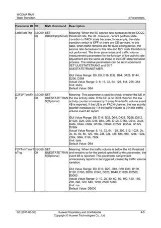 WCDMA RAN
State Transition 4 Parameters
02 (2011-03-30) Huawei Proprietary and Confidential
Copyright © Huawei Technologies Co., Ltd
4-5
Parameter ID NE MML Command Description
LittleRateThd BSC69
00
SET
UDCCC(Optional)
Meaning: When the BE service rate decreases to the DCCC
threshold rate, the UE, however, cannot perform state
transition to FACH state because, for example, the state
transition switch is OFF or there are CS services. In this
case, when traffic remains low for quite a long period, the
service rate decreases to this rate and D2F state transition is
not performed. The timer parameters and traffic volume
measurement parameters for the function of low activity rate
adjustment are the same as those in the D2F state transition
process. The relative parameters can be set in command
SET UUESTATETRANS and SET
UUESTATETRANSTIMER.
GUI Value Range: D0, D8, D16, D32, D64, D128, D144,
D256, D384
Actual Value Range: 0, 8, 16, 32, 64, 128, 144, 256, 384
Unit: kbit/s
Default Value: D64
D2F2PTvmTh
d
BSC69
00
SET
UUESTATETRAN
S(Optional)
Meaning: This parameter is used to check whether the UE in
the low activity state. If the UE is on DCH channel, the low
activity counter increases by 1 every time traffic volume event
4B is reported. If the UE is on FACH channel, the low activity
counter increases by 1 if the traffic volume is 0 in the traffic
volume event 4B report.
GUI Value Range: D8, D16, D32, D64, D128, D256, D512,
D1024, D2k, D3k, D4k, D6k, D8k, D12k, D16k, D24k, D32k,
D48k, D64k, D96k, D128k, D192k, D256k, D384k, D512k,
D768k
Actual Value Range: 8, 16, 32, 64, 128, 256, 512, 1024, 2k,
3k, 4k, 6k, 8k, 12k, 16k, 24k, 32k, 48k, 64k, 96k, 128k, 192k,
256k, 384k, 512k, 768k
Unit: byte
Default Value: D64
F2PTvmTimeT
oTrig
BSC69
00
SET
UUESTATETRAN
S(Optional)
Meaning: When the traffic volume is below the 4B threshold
and remains so for the period specified by this parameter, the
event 4B is reported. This parameter can prevent
unnecessary reports to be triggered, caused by traffic volume
variation.
GUI Value Range: D0, D10, D20, D40, D60, D80, D100,
D120, D160, D200, D240, D320, D640, D1280, D2560,
D5000
Actual Value Range: 0, 10, 20, 40, 60, 80, 100, 120, 160,
200, 240, 320, 640, 1280, 2560, 5000
Unit: ms
Default Value: D5000
 