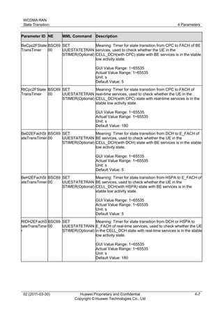 WCDMA RAN
State Transition 4 Parameters
02 (2011-03-30) Huawei Proprietary and Confidential
Copyright © Huawei Technologies Co., Ltd
4-7
Parameter ID NE MML Command Description
BeCpc2FState
TransTimer
BSC69
00
SET
UUESTATETRAN
STIMER(Optional)
Meaning: Timer for state transition from CPC to FACH of BE
services, used to check whether the UE in the
CELL_DCH(with CPC) state with BE services is in the stable
low activity state.
GUI Value Range: 1~65535
Actual Value Range: 1~65535
Unit: s
Default Value: 5
RtCpc2FState
TransTimer
BSC69
00
SET
UUESTATETRAN
STIMER(Optional)
Meaning: Timer for state transition from CPC to FACH of
real-time services, used to check whether the UE in the
CELL_DCH(with CPC) state with real-time services is in the
stable low activity state.
GUI Value Range: 1~65535
Actual Value Range: 1~65535
Unit: s
Default Value: 180
BeD2EFachSt
ateTransTimer
BSC69
00
SET
UUESTATETRAN
STIMER(Optional)
Meaning: Timer for state transition from DCH to E_FACH of
BE services, used to check whether the UE in the
CELL_DCH(with DCH) state with BE services is in the stable
low activity state.
GUI Value Range: 1~65535
Actual Value Range: 1~65535
Unit: s
Default Value: 5
BeH2EFachSt
ateTransTimer
BSC69
00
SET
UUESTATETRAN
STIMER(Optional)
Meaning: Timer for state transition from HSPA to E_FACH of
BE services, used to check whether the UE in the
CELL_DCH(with HSPA) state with BE services is in the
stable low activity state.
GUI Value Range: 1~65535
Actual Value Range: 1~65535
Unit: s
Default Value: 5
RtDH2EFachS
tateTransTime
r
BSC69
00
SET
UUESTATETRAN
STIMER(Optional)
Meaning: Timer for state transition from DCH or HSPA to
E_FACH of real-time services, used to check whether the UE
in the CELL_DCH state with real-time services is in the stable
low activity state.
GUI Value Range: 1~65535
Actual Value Range: 1~65535
Unit: s
Default Value: 180
 