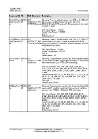 WCDMA RAN
State Transition 4 Parameters
02 (2011-03-30) Huawei Proprietary and Confidential
Copyright © Huawei Technologies Co., Ltd
4-8
Parameter ID NE MML Command Description
BeCpc2EFach
StateTransTim
er
BSC69
00
SET
UUESTATETRAN
STIMER(Optional)
Meaning: Timer for state transition from CPC to E_FACH of
BE services, used to check whether the UE in the
CELL_DCH(with CPC) state with BE services is in the stable
low activity state.
GUI Value Range: 1~65535
Actual Value Range: 1~65535
Unit: s
Default Value: 5
RtCpc2EFach
StateTransTim
er
BSC69
00
SET
UUESTATETRAN
STIMER(Optional)
Meaning: Timer for state transition from CPC to E_FACH of
real-time services, used to check whether the UE in the
CELL_DCH(with CPC) state with real-time services is in the
stable low activity state.
GUI Value Range: 1~65535
Actual Value Range: 1~65535
Unit: s
Default Value: 180
BeF2CpcHTv
mThd
BSC69
00
SET
UUESTATETRAN
S(Optional)
Meaning: This parameter specifies the threshold of the traffic
volume of 4A event for triggering the transition of BE services
from FACH to HS-DSCH with CPC technology.
GUI Value Range: D16, D32, D64, D128, D256, D512,
D1024, D2k, D3k, D4k, D6k, D8k, D12k, D16k, D24k, D32k,
D48k, D64k, D96k, D128k, D192k, D256k, D384k, D512k,
D768k
Actual Value Range: 16, 32, 64, 128, 256, 512, 1024, 2k, 3k,
4k, 6k, 8k, 12k, 16k, 24k, 32k, 48k, 64k, 96k, 128k, 192k,
256k, 384k, 512k, 768k
Unit: byte
Default Value: D1024
RtF2CpcTvmT
hd
BSC69
00
SET
UUESTATETRAN
S(Optional)
Meaning: This parameter specifies the threshold of the traffic
volume of 4A event for triggering the transition of real-time
services from FACH to HSPA with CPC technology.
GUI Value Range: D16, D32, D64, D128, D256, D512,
D1024, D2k, D3k, D4k, D6k, D8k, D12k, D16k, D24k, D32k,
D48k, D64k, D96k, D128k, D192k, D256k, D384k, D512k,
D768k
Actual Value Range: 16, 32, 64, 128, 256, 512, 1024, 2k, 3k,
4k, 6k, 8k, 12k, 16k, 24k, 32k, 48k, 64k, 96k, 128k, 192k,
256k, 384k, 512k, 768k
Unit: byte
Default Value: D1024
 