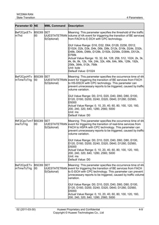 WCDMA RAN
State Transition 4 Parameters
02 (2011-03-30) Huawei Proprietary and Confidential
Copyright © Huawei Technologies Co., Ltd
4-9
Parameter ID NE MML Command Description
BeF2CpcETv
mThd
BSC69
00
SET
UUESTATETRAN
S(Optional)
Meaning: This parameter specifies the threshold of the traffic
volume of 4A event for triggering the transition of BE services
from FACH to E-DCH with CPC technology.
GUI Value Range: D16, D32, D64, D128, D256, D512,
D1024, D2k, D3k, D4k, D6k, D8k, D12k, D16k, D24k, D32k,
D48k, D64k, D96k, D128k, D192k, D256k, D384k, D512k,
D768k
Actual Value Range: 16, 32, 64, 128, 256, 512, 1024, 2k, 3k,
4k, 6k, 8k, 12k, 16k, 24k, 32k, 48k, 64k, 96k, 128k, 192k,
256k, 384k, 512k, 768k
Unit: byte
Default Value: D1024
BeF2CpcHTv
mTimeToTrig
BSC69
00
SET
UUESTATETRAN
S(Optional)
Meaning: This parameter specifies the occurrence time of 4A
event for triggering the transition of BE services from FACH
to HS-DSCH with CPC technology. This parameter can
prevent unnecessary reports to be triggered, caused by traffic
volume variation.
GUI Value Range: D0, D10, D20, D40, D60, D80, D100,
D120, D160, D200, D240, D320, D640, D1280, D2560,
D5000
Actual Value Range: 0, 10, 20, 40, 60, 80, 100, 120, 160,
200, 240, 320, 640, 1280, 2560, 5000
Unit: ms
Default Value: D0
RtF2CpcTvmT
imeToTrig
BSC69
00
SET
UUESTATETRAN
S(Optional)
Meaning: This parameter specifies the occurrence time of 4A
event for triggering the transition of real-time services from
FACH to HSPA with CPC technology. This parameter can
prevent unnecessary reports to be triggered, caused by traffic
volume variation.
GUI Value Range: D0, D10, D20, D40, D60, D80, D100,
D120, D160, D200, D240, D320, D640, D1280, D2560,
D5000
Actual Value Range: 0, 10, 20, 40, 60, 80, 100, 120, 160,
200, 240, 320, 640, 1280, 2560, 5000
Unit: ms
Default Value: D0
BeF2CpcETv
mTimeToTrig
BSC69
00
SET
UUESTATETRAN
S(Optional)
Meaning: This parameter specifies the occurrence time of 4A
event for triggering the transition of BE services from FACH
to E-DCH with CPC technology. This parameter can prevent
unnecessary reports to be triggered, caused by traffic volume
variation.
GUI Value Range: D0, D10, D20, D40, D60, D80, D100,
D120, D160, D200, D240, D320, D640, D1280, D2560,
D5000
Actual Value Range: 0, 10, 20, 40, 60, 80, 100, 120, 160,
200, 240, 320, 640, 1280, 2560, 5000
 
