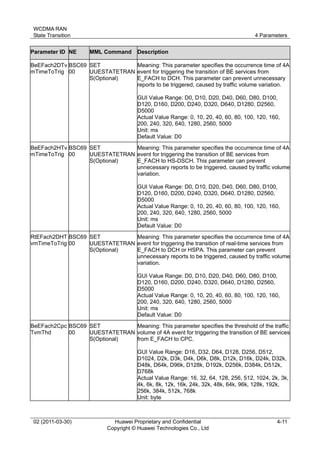 WCDMA RAN
State Transition 4 Parameters
02 (2011-03-30) Huawei Proprietary and Confidential
Copyright © Huawei Technologies Co., Ltd
4-11
Parameter ID NE MML Command Description
BeEFach2DTv
mTimeToTrig
BSC69
00
SET
UUESTATETRAN
S(Optional)
Meaning: This parameter specifies the occurrence time of 4A
event for triggering the transition of BE services from
E_FACH to DCH. This parameter can prevent unnecessary
reports to be triggered, caused by traffic volume variation.
GUI Value Range: D0, D10, D20, D40, D60, D80, D100,
D120, D160, D200, D240, D320, D640, D1280, D2560,
D5000
Actual Value Range: 0, 10, 20, 40, 60, 80, 100, 120, 160,
200, 240, 320, 640, 1280, 2560, 5000
Unit: ms
Default Value: D0
BeEFach2HTv
mTimeToTrig
BSC69
00
SET
UUESTATETRAN
S(Optional)
Meaning: This parameter specifies the occurrence time of 4A
event for triggering the transition of BE services from
E_FACH to HS-DSCH. This parameter can prevent
unnecessary reports to be triggered, caused by traffic volume
variation.
GUI Value Range: D0, D10, D20, D40, D60, D80, D100,
D120, D160, D200, D240, D320, D640, D1280, D2560,
D5000
Actual Value Range: 0, 10, 20, 40, 60, 80, 100, 120, 160,
200, 240, 320, 640, 1280, 2560, 5000
Unit: ms
Default Value: D0
RtEFach2DHT
vmTimeToTrig
BSC69
00
SET
UUESTATETRAN
S(Optional)
Meaning: This parameter specifies the occurrence time of 4A
event for triggering the transition of real-time services from
E_FACH to DCH or HSPA. This parameter can prevent
unnecessary reports to be triggered, caused by traffic volume
variation.
GUI Value Range: D0, D10, D20, D40, D60, D80, D100,
D120, D160, D200, D240, D320, D640, D1280, D2560,
D5000
Actual Value Range: 0, 10, 20, 40, 60, 80, 100, 120, 160,
200, 240, 320, 640, 1280, 2560, 5000
Unit: ms
Default Value: D0
BeEFach2Cpc
TvmThd
BSC69
00
SET
UUESTATETRAN
S(Optional)
Meaning: This parameter specifies the threshold of the traffic
volume of 4A event for triggering the transition of BE services
from E_FACH to CPC.
GUI Value Range: D16, D32, D64, D128, D256, D512,
D1024, D2k, D3k, D4k, D6k, D8k, D12k, D16k, D24k, D32k,
D48k, D64k, D96k, D128k, D192k, D256k, D384k, D512k,
D768k
Actual Value Range: 16, 32, 64, 128, 256, 512, 1024, 2k, 3k,
4k, 6k, 8k, 12k, 16k, 24k, 32k, 48k, 64k, 96k, 128k, 192k,
256k, 384k, 512k, 768k
Unit: byte
 