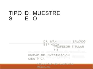 TIPO
S
D
E
MUESTRE
O
DR. IVÁN
ESPINOZA
SALVADÓ
PROFESOR TITULAR
111
UNIDAD DE INVESTIGACIÓN
CIENTÍFICA
FACULTAD DE CIENCIAS
MÉDICAS.
 