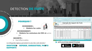 DETECTION DE FUITE
POURQUOI ?
ECONOMIES :
 Réduire les coûts
ENVIRONMENT:
 Réduire les emissions de CO2 et autres
gaz
SECURITE :
 Gaz Inflammables
Les Ultraprobes digitaux permettent le calcul des coûts de fuites !
IDENTIFIER REPERER, ENREGISTRER, PHOTO
RAPPORTS
APPLICATION SMARTPHONE
Exemple de rapport de Fuite
 