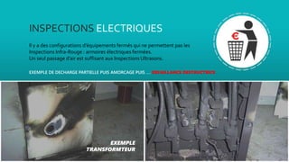 INSPECTIONS ELECTRIQUES
Il y a des configurations d’équipements fermés qui ne permettent pas les
Inspections Infra-Rouge : armoires électriques fermées.
Un seul passage d’air est suffisant aux Inspections Ultrasons.
EXEMPLE DE DECHARGE PARTIELLE PUIS AMORCAGE PUIS …. DEFAILLANCE DESTRUCTRICE
EXEMPLE
TRANSFORMTEUR
 