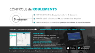 CONTROLE de ROULEMENTS
METHODE COMPARATIVE - Ecouter, noter la valeur en dB et comparer
METHODE de SUIVI - Utiliser le logiciel DMS pour créer des rondes d’inspection
ANALYSE de DEFAUTS - Utiliser le logiciel Spectralyser pour identifier les fréquences de défauts
3 TYPES DE TESTS
AVANTAGES INSTRUMENTS ULTRAPROBE APPRENTISSAGE ET MISE EN OEUVRE TRES SIMPLE ET RAPIDE
LOGICIEL DMS :
Conserver les mesures, créer des rondes
d’inspections, des rapports d’inspections, des
graphes de suivis, des orders de travaux.
APPLICATION SMARTPHONE de CREATION de RONDES d’INSPECTIONS :
Créer rapidement et simplement des rondes d’inspections avec votre smartphone ou tablette
LOGICIEL SPECTRALYSER:
Analyser les formes d’ondes et spectres ultrasonores, les
exporter vers des rapports d’inspections
S
 