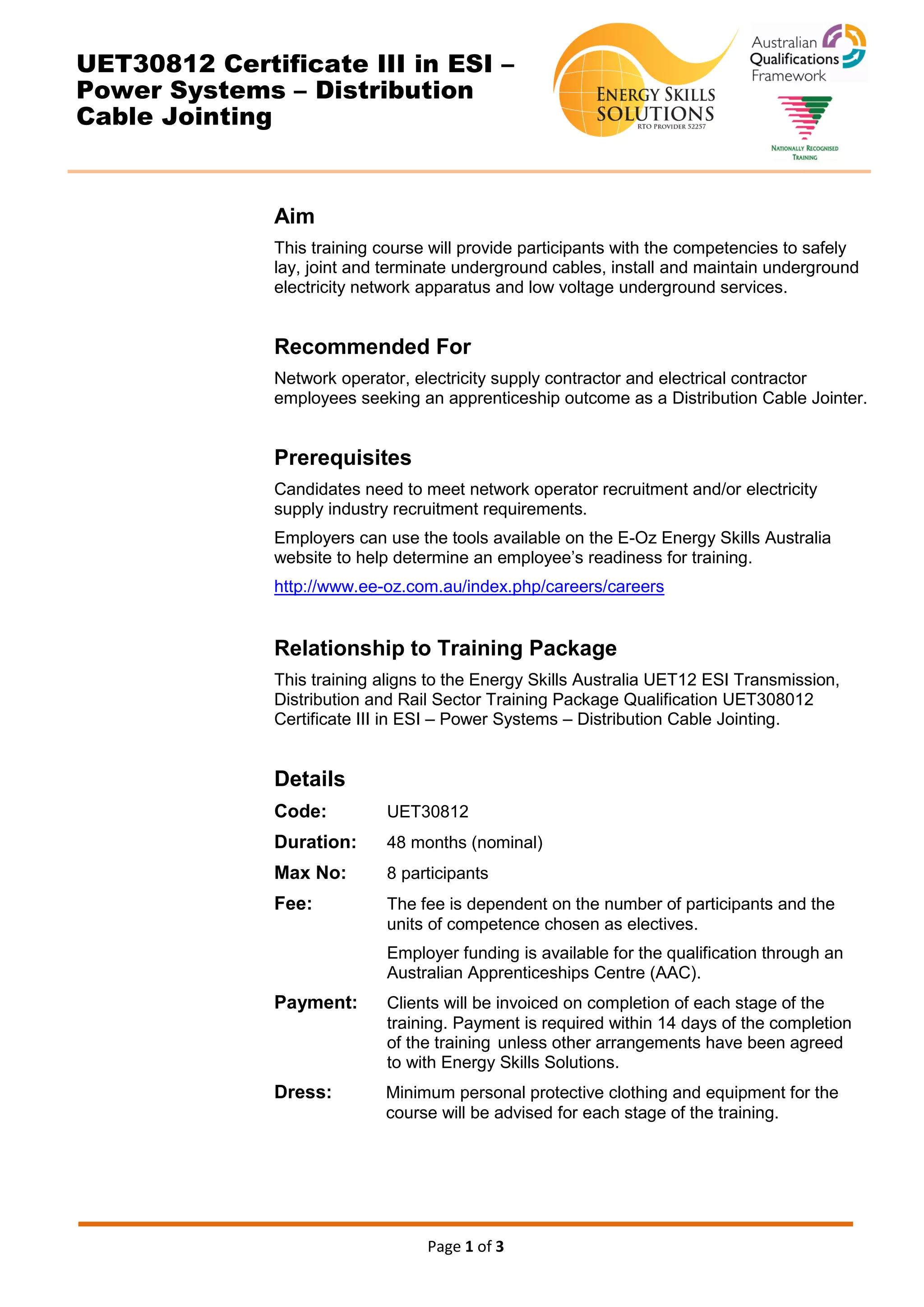 UET30812 Certificate III in ESI Distribution Cable Jointing
