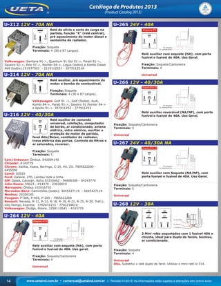 www.uetaind.com.br • comercial@uetaind.com.br | Revisão 01/2013* As informações estão sujeitas a alterações sem prévio aviso14
Catálogo de Produtos 2013
(Product Catalog 2013)
U-212 12V - 70A NA
Relé de alívio e corte de carga na
partida, função “X” (relé central),
pré aquecimento do motor diesel e
ventoinha do radiador.
Fixação: Soquete
Terminais: 4 (30 e 87 Largos).
Volkswagen: Santana 91->, Quantum 91 Gol 91->, Parati 91->,
Saveiro 91->, Polo 97->, Pointer 94->, Logus (todos) e Kombi Diesel
Ab9 (todos).191937503 - 2119112531 - 357911251A
U-214 12V - 70A NA
Relé auxiliar, pré aquecimento do
motor e bomba de combustível.
Fixação: Soquete
Terminais: 4 (30 e 87 Largos).
Volkswagen: Golf 91 ->, Golf (Todos), Audi,
Kombi 84->, Parati 91->, Saveiro 91 Pointer 94->
e Apollo 91->. 357911253 - 377911253
U-216 12V - 40/30A
Relé auxiliar de comando
universal, calefação, computador
de bordo, ar condicionado, antena
elétrica, vidro eletríco, auxiliar e
proteção do motor de partida,
farol Alto/Baixo, ventilador do radiador,
trava elétrica das portas. Controle de ﬁltros e
ar saturados, reversor.
Fixação: Soquete
Terminais: 5
Caio/Induscar: Ônibus. 042004140
Chrysler: 4143779
Citroen: Xantia, Xsara, Berlingo, C-15, AX, ZX. 7905522200 -
6455000
Comil: 02025
Ford: Galaxie, LTD, Landau toda a linha.
GM: Opala, Caravan. Astra 93310482 - 94606308 - 04243779
John Deere: 59023 - 014370 - 23030019
Marcopolo: Ônibus 102016755
Mercedes-Benz: Caminhões (todos). 3445427119 - 6645427119
Neobus: 20200145
Peugeot: P-306, P-405, P-205 - 7905522200
Renault: Nevada, R-11, R-12, R-18, R-19, R-21, R-25, R-30, Trafﬁc,
Clio,Twingo, Express. 7702072115 - 7702218610
Volkswagen: Dodge, Polara. 3259112641 - 4143779
U-264 12V - 40A
Relé auxiliar com soquete (NA), com porta
fusível e fusível de 40A. Uso geral.
Fixação: Soquete/Cantoneira
Terminais: 4
Universal
U-265 24V - 40A
Relé auxiliar com soquete (NA), com porta
fusível e fusível de 40A. Uso Geral.
Fixação: Soquete/Cantoneira
Terminais: 4
Universal
U-266 12V - 40/30A
Relé auxiliar reversível (NA/NF), com porta
fusível e fusível de 40A. Uso Geral.
Fixação: Soquete/Cantoneira
Terminais: 5
Universal
U-267 24V - 40/30A NA
Relé auxiliar com Soquete (NA/NF), com
porta fusível e fusível de 40A. Uso Geral.
Fixação: Soquete/Cantoneira
Terminais: 5
Universal
U-268 12V - 30A
2 Mini relés soquetados com 1 fusível 40A e
chicote, ideal para duplo de faróis, buzinas,
ar condicionado.
Fixação: Soquete
Terminais: 4
Universal
Obs. Substitui o relé duplo de farol. Utilizar o mini relé U-314.
Ueta_2013.indd 14Ueta_2013.indd 14 11/04/2013 16:12:0111/04/2013 16:12:01
 