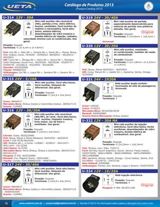 www.uetaind.com.br • comercial@uetaind.com.br | Revisão 01/2013* As informações estão sujeitas a alterações sem prévio aviso16
Catálogo de Produtos 2013
(Product Catalog 2013)
U-314 12V - 30A
Mini relé auxiliar não reversível
(NA), partida a frio, vidro elétrico,
buzina, ventilador, farol auxiliar de
neblina e retroneblina, farol alto/
baixo, antena elétrica,
desembaçador do vidro traseiro e
bomba elétrica de injeção, radiador,
velocidade mínima com ar-condicionado. Uso
geral.
Fixação: Soquete
Terminais: 4 (2x 6,mm e 2x 4,8mm)
Fiat: Uno 96->, Palio 96->, Tempra 96->, Siena 96->, Marea, Brava,
Stilo (todos), Punto. 7676504 - 45450422 -46450421 - 46520412 -
46520421
GM: Corsa 96->, Ômega 96->, Astra 96->, Vectra 96->, Montana,
Celta Flexpower, Suzuki Fun, 60229206 - 90229206 - 93209737 -
93209739 - 93226612 - 93224503 - 90228200.
Hyundai: 9522420000
Toyota: 9008087021
Volkswagen: Gol 96->, Logus 96->, Santana 96->, Saveiro 96->,
60229206
U-315 24V - 5/10A
Mini relé auxiliar, farol alto/baixo,
farol auxiliar, bloqueio do
diferencial. Uso geral.
Fixação: Soquete
Terminais: 5 (3x4,8 e 2x6,3mm)
Iveco: 98444017
Mercedes-Benz: Ônibus (todos) e Caminhões (todos). 3845427119
Scania: 1320483
U-316 12V - 30/20A
Mini relé auxiliar não reversível
(NA/NF), Ar cond., farol alto/baixo,
farol auxiliar, limpador traseiro,
freio motor, luz de freio e
ventilador. Uso geral.
Fixação: Soquete
Terminais: 5 (3x4,8 e 2x6,3mm)
Citroën: Xsara. 9620220980
Fiat: Brava, Marea e Marea Weekend. 46453554 - 46520423
Ford: F-250 F57B14B192AA
GM: Modelos 98->, e Corsa. 1238967 - 6238527 - 90414477-
90511443 - 93172269
John Deere: AL76702
Mercedes-Benz: Micro-Ônibus, Ônibus e Caminhões. 3845427319 -
0025421219
Peugeot: P-306. 9620220980
Renault: Clio, Mégane Scenic. 700414484
Toyota: Corolla, Field 9008087020 - 9098704004.
U-317 24V - 30/40A
Mini relé auxiliar, farol alto/baixo,
farol auxiliar, bloqueio do
diferencial. Uso geral.
Fixação: Soquete
Terminais: 5 (3x4,8 e 2x6,3mm)
Iveco: 98444017
Mercedes-Benz: Ônibus (todos) e Caminhões (todos). 3845427119
- A0045453505
Scania: 1320483
U-319 24V - 30/40A
Mini relé auxiliar de partida,
especialmente desenvolvido para
motores de partida com potência
elevada. Uso geral.
Fixação: Soquete
Terminais: 5 (3x4,8mm + 2x6,3mm )
Universal
U-320 12V - 30/20A
Mini relé auxiliar, ventilador,
ar-condicionado, medidor de vazão
de combustível.
Fixação: Soquete
Terminais: 5 (2x 2,8mm+ 2x 6,3mm+
1x 4,8mm)
Fiat: Brava, Marea 46520423 - 46453554
GM: Corsa, Monza 92->, Kadett 92->, Ipanema, Vectra, Omega.
52255944
U-321 24V - 2X20A
Relé auxiliar duplo contato
iluminação da sala de passageiros.
Universal.
Fixação: Soquete
Terminais: 5
Irizar: 539530
Iveco: 4718224
Mercedes-Benz: 0015425619530
Renault: 5000560865
Scania/Volvo/Marcopolo: ônibus (todos)
U-322 12V - 30A NA
Mini relé auxiliar de injeção
eletrônica, farol alto/baixo, faróis
auxiliares, desembaçador do vidro
traseiro, bomba elétrica de
combustível. Uso geral.
Fixação: Soquete
Terminais: 4 (2x2,8mm + 2x6,3mm)
Fiat: Tempra, Uno / Elba. 7525171
Ford: Del Rey, Escort Argentino, Escort, Verona, Fiesta (todos).
542937503D - 86AU14N89A - 86AG14N089AA - 96FG14N089AA -
98FU14N089BA
GM: Ipanema, Monza, Kadett, Omega, Corsa (todos), Vectra, S10.
93238065 - 52228733 - 24433728
New Holland: 83990086
Volkswagen: Pointer, Gol, Santana, Logus e Saveiro. 542937503D
U-324 12V - 15/25A
Relé injeção eletrônica.
Fixação: Soquete
Terminais: 5
Peugeut: P-306. 9618311180
Ueta_2013.indd 16Ueta_2013.indd 16 11/04/2013 16:12:0211/04/2013 16:12:02
 