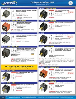 www.uetaind.com.br • comercial@uetaind.com.br | Revisão 01/2013* As informações estão sujeitas a alterações sem prévio aviso18
Catálogo de Produtos 2013
(Product Catalog 2013)
U-356 12V
Mini relé Auxiliar, ponte de conexão
elétrica uso Geral.
Fixação: Soquete
Terminais: 2 (1 Largo)
GM: Corsa, Celta, Suzuki Fun.
93366373
U-358 12V - 40A NA C/ Diodo
Relé auxiliar de comando.
Ventilador do radiador.
Fixação: Soquete
Terminais: 5
GM: Corsa, Vectra, Omega, Celta Flex Power,
Suzuki Fun. 90459640
U-362 12V
Mini relé Auxiliar, ponte de conexão
elétrica uso Geral.
Fixação: Soquete
Fiat: Uno 94-> 7523698
U-363 24V - 10/20A
Relé auxiliar de comando. Central
eletrônica Buzina/Farol alto e
baixo/Lanterna/Vidro elétrico/
freio.
Fixação: Soquete
Terminais: 5
Fiat: Eurotech, Eurotrack 450 e 37T. 4718222
Man: 81259020102 - 81259020130 -
81259020171 - 81259020199 - 81259020248
Volvo: 11000132 - 1259926
AUXILIAR DE AR CONDICIONADO
(Air Conditioner Auxiliary Relay)
U-064 12V - 40A
RG-12 Relé auxiliar (NA) do ar
condicionado.
Universal
U-065 24V - 40A
Relé auxiliar do ar condicionado.
Fixação: Soquete/Cantoneira
Terminais: 4
Universal
U-066 12V - 40/30A
RFA-12 Relé auxiliar do ar
condicionado.
Fixação: Soquete/Cantoneira
Terminais: 5
Universal
U-067 24V - 40/30A
Relé auxiliar do ar condicionado.
Fixação: Soquete/Cantoneira
Terminais: 5
Universal
U-070
Relé auxiliar do ar condicionado.
Duplo contato.
Fixação: Soquete/Cantoneira
Terminais: 5
Fiat: Uno, Fiorino, Tempra, Tipo. 7686775 -
46451295 - 82461739
U-074 12V 2X30A
Relé de injeção eletrônica, bomba
de combustível SPI e MPI, ar
condicionado. Duplo contato.
Fixação: Soquete/Cantoneira
Terminais: 5
Fiat: Oggi 77->, Uno 77->, Fiat 147 77->, Spazio 77->, Premio
77->, Elba 92->, Marea, Brava (todos), Tempra 92->, Tipo. 4320625
- 4320629 - 46451295 - 7615576 - 7686775 - 7619302 - 7686773 -
82461739 - 94004072
GM: Vectra
Peugeot: P-205, P-206. 220048162
U-206 12V - 40A NA/NF
Relé auxiliar de acionamento da
ventoinha do ar condicionado.
Fixação: Soquete
Terminais: 5
Volkswagen: Gol BX, Parati BX, Voyage BX,
Saveiro, Pointer e Polo. 377937503B
U-208 12V - 40A NA
Relé auxiliar do ar condicionado.
Fixação: Soquete
Terminais: 4
Volkswagen: Kombi, Gol, Santana, Quantum,
Parati, Saveiro, Pointer, Pollo. ZBC937503
Ueta_2013.indd 18Ueta_2013.indd 18 11/04/2013 16:12:0411/04/2013 16:12:04
 