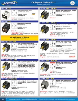 www.uetaind.com.br • comercial@uetaind.com.br | Revisão 01/2013* As informações estão sujeitas a alterações sem prévio aviso20
Catálogo de Produtos 2013
(Product Catalog 2013)
U-450 12V
Relé temporizador do ar
condicionado 32mm.
Fixação: Soquete
Terminais: 4
Fiat: Palio, Palio Weekend, Siena e Strada.
46410803 - 7079615
U-498 12V
Relé temporizador do ar
condicionado.
Fixação: Soquete
Terminais: 8
Ford: 95
Volkswagen: 19W572A
Volkswagen / Audi: Linha BX, Gol, Golf, Santana
e Passat. 171959141A
INJEÇÃO ELETRÔNICA
(Eletronic Injection)
U-062 12V - 70A
Relé auxiliar de potência (NA),
alívio de partida, pré aquecimento
do motor diesel, módulo ECM,
injeção eletrônica. Uso geral.
Fixação: Soquete/Cantoneira
Terminais: 4 (30 e 87 largos)
Fiat: 7752313
GM/GMC: Corsa. 52266198 - 90244312 - 90357986 - 93221424 -
94611312 - 90494459 - 90226846 - 90357989.
Troller/Valtra: 82246700
U-062A 12V - 50A
Relé auxiliar de potência, alívio de
partida, bomba elétrica de
combustível, ar condicionado,
injeção, válvula de injeção 2ª
velocidade da ventoinha e pré
aquecimento do motor diesel. Uso geral.
Fixação: Soquete/Cantoneira
Terminais: 4 (30 e 87 Largos)
Fiat: Palio, Punto, Alfa 145, Tipo 1.6 e 2.0, Tempra. 46520429 -
46520439 - 7752313
GM: Astra e Vectra. 90494959
Massey Ferguson: 053232R1 - 32590006
U-070 12V 2X20A
Relé de injeção eletrônica, bomba
de combustível SPI e MPI. Duplo
contato
Fixação: Soquete/Cantoneira
Terminais: 5
Fiat: Oggi 77->, Uno 77->, 147 77->, Spazio 77->, Premio 77-
>, Elba 92->, Fiorino, Marea, Brava (todos), Tempra 92->, Tipo.
7615576 - 7619302 - 7686773 -7686775 - 4320625 - 4320629 -
46451295 - 82461739 - 94004072
U-071 24V - 2X20A
Relé de injeção eletrônica, bomba
elétrica de combustível.
Fixação: Soquete / Cantoneira
Terminais: 5
Universal
U-072 12V - 2X25A
Relé de injeção eletrônica, bomba
elétrica de combustível.
Fixação: Soquete/Cantoneira
Terminais: 5
Fiat: Siena,Tempra 91-> 94004072 - 7615576
- 7619302 - 7686773 - 82461739
Peugeot: 7920048162
Volkswagen: KDWHL09663
U-074 12V - 2X30A
Relé de injeção eletrônica, bomba
de combustível SPI e MPI.
Fixação: Soquete/Cantoneira
Terminais: 5
Fiat: Oggi 77->, Uno 77->, Fiat 147 77->, Spazio
77->, Premio 77->, Elba 92->, Marea, Brava
(todos), Tempra 92->, Tipo. 7615576 -
46451295 - 7619302 - 94004072 - 7686773 - 4320625 - 4320629 -
7686775
GM: Vectra
Peugeot: P-205, P-206. 220048162
U-202 12V - 40A NA
Relé de injeção eletrônica, bomba
de combustível e sistema de
injeção.
Fixação: Soquete
Terminais: 4
Ford: Escort.
GM: Astra 93236204
Volkswagen: Gol, Polo, Kombi (AB9), Parati, Saveiro, Pointer,
Voyage. 377906383
U-210 12V - 40A
Relé de injeção eletrônica, bomba
elétrica de combustível e sistema
de injeção.
Fixação: Soquete
Terminais: 4 (30 e 87 largos)
Volkswagen: Audi 95->, Gol 93->, Parati 93->, Saveiro 93->,
Santana, Quantum 91->, Golf e Passat Alemão 91->. 191906383C
Ueta_2013.indd 20Ueta_2013.indd 20 11/04/2013 16:12:0611/04/2013 16:12:06
 
