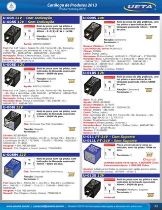 www.uetaind.com.br • comercial@uetaind.com.br | Revisão 01/2013* As informações estão sujeitas a alterações sem prévio aviso 23
Catálogo de Produtos 2013
(Product Catalog 2013)
U-008 12V - Com Indicação
U-008S 12V - Sem Indicação
Relé de pisca com luz piloto e
indicação de lâmpada queimada
40mm - 2+2(4)x21W + 1x3W.
Fixação: Soquete
Terminais: 4
Agrale: 6007011028007
Fiat: Fiat 147 (todos), Spazio 76->84, Fiorino 80->86, Panorama
->86, Oggi (todos) e Caminhões 88. 4363351 - 43533510 -
227001710 - 6885447532 - 6885447332 - 43633510
Marcopolo: Ônibus e Micro-ônibus. 272001710
Mercedes-Benz: Ônibus e Caminhões ->86, Micro-ônibus.
6885447332 - 13845447232
U-008D 12V
Relé de pisca com luz piloto, sem
indicação de lâmpada queimada
40mm - 500W de pico.
Fixação: Soquete
Terminais: 4
Agrale: 6007011028007
Fiat: Fiat 147 (todos), Spazio 76->84, Fiorino 80->86, Panorama
->86, Oggi e caminhões ->88. 4363351 - 227001710 - 6885447332
Iveco: 4800836 - Daily - Ducato
Marcopolo: ônibus e micro-ônibus 272001710
Mercedes-Benz: Ônibus e caminhões ->86. 6885447132 -
6885447332 - 6885447532
U-008i 12V
Relé de pisca com luz piloto, sem
indicação de lâmpada queimada
32mm - 500W de pico.
Obs: Terminais Tipo Fiat (Invertidos).
Fixação: Soquete
Terminais: 4
Citroën: 9253194280
Fiat: Spazio 76, Prêmio (todos), Uno 85->, Tempra 94->, Elba 86->
e Comerciais 5942627 - 7573490 - 7519717 -7595406 - 50001820 -
500014510 - 7518867.
Peugeot: P-205. 9253194280
Renault: Clio, Mégane, e Scenic (todos). 7700638976
U-008iM 12V
Relé de pisca com luz piloto, sem
indicação de lâmpada queimada
40mm - 500w de pico.
Obs: Terminais tipo Fiat (invertidos).
Fixação: Soquete
Terminais: 4
Fiat: Spazio 86->, Prêmio 85->, Uno 85->, Elba 86-> e utilitários
88->. 5942627 - 7518867 - 7519717 - 7595406 - 50001820 -
500014510
Peugeot: P-205. 9253194280
Renault: Clio, Mégane e Scenic (todos). 7700638976
U-009S 24V
Relé de pisca de alta potência, com
luz piloto e sem indicação de
lâmpada queimada 40mm - 500W
de pico.
Fixação: Cantoneira
Terminais: 4
Busscar/Nielson: 1377647
Caio/induscar/volvo: 042004115
Ciferal: 390106
Comil: Ônibus (todos).
Marcopolo: Ônibus (todos). 142016015 - 272001643 - 272001706
Mercedes-Benz: Caminhões 86-> e ônibus 86-> 3885447432
- 3885447532 - 3885447732 - 3885447232 - 3885447332 -
3885448032 - 3885447032 - 3885447132 - 3505442432
Randon: 2101006030
Scania: Caminhões e ônibus. 530640
U-010S 12V
Relé de pisca de alta potência, com
luz piloto e sem indicação de
lâmpada queimada 40mm 500W
de pico.
Fixação: Cantoneira
Terminais: 4
Agco: 3412137ML
Agrale: 6007011028007
Busscar/Nielson: 1377647
Caio/Induscar: 042004114 - 3505441232
Ciferal: 390105 - 341213ML
Comil: Ônibus (todos).
Fiat: Caminhões 80-> Fiat 147, Fiorino 80->86, Panorama ->86,
Spazio, Oggi 43633510 - 227001710
Hyster: Empilhadeiras (todas).
Marcopolo: Ônibus (todos). 142016011
Mercedes-Benz: Caminhões 86->, Ônibus (todos). 6885447332 -
6885447532 - 113505441232
Randon: 2101006022
Subaru: 8112
U-011 PT-24V - Com Suporte
U-011L PT-24V - Sem Suporte
Pisca universal para todos os
veículos, sem luz piloto 700W de
pico.
Terminais: 3
DURABILIDADE UETA Aprox. 4.000.000 Ciclos
Concorrentes Aprox. 1.000.000 Ciclos
Randon: Adaptavel em todos os veículos sem saídas para luz piloto.
Scania: Caminhões (todos). 1407909 - 1439172
U-012S 12V
Relé de pisca com luz piloto e sem
indicação de lâmpada queimada
40mm - 500W de pico.
Fixação: Parafuso / Soquete
Terminais: 4
Universal
Ueta_2013.indd 23Ueta_2013.indd 23 11/04/2013 16:12:1011/04/2013 16:12:10
 