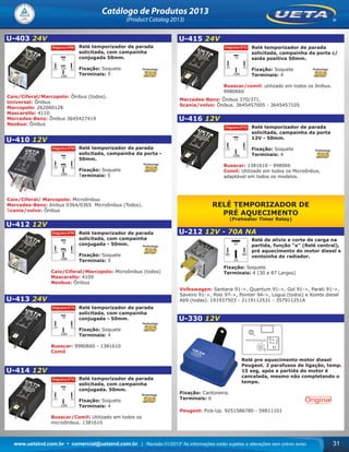 www.uetaind.com.br • comercial@uetaind.com.br | Revisão 01/2013* As informações estão sujeitas a alterações sem prévio aviso 31
Catálogo de Produtos 2013
(Product Catalog 2013)
U-403 24V
Relé temporizador de parada
solicitada, com campainha
conjugada 50mm.
Fixação: Soquete
Terminais: 5
Caio/Ciferal/Marcopolo: Ônibus (todos).
Universal: Ônibus
Marcopolo: 262000128
Mascarello: 4110
Mercedes-Benz: Ônibus 3645427419
Neobus: Ônibus
U-410 12V
Relé temporizador de parada
solicitada, campainha da porta -
50mm.
Fixação: Soquete
Terminais: 5
Caio/Ciferal/ Marcopolo: Microônibus
Mercedes-Benz: ônibus 0364/0365 Microônibus (Todos).
Scania/volvo: Ônibus
U-412 12V
Relé temporizador de parada
solicitada, com campainha
conjugada - 50mm.
Fixação: Soquete
Terminais: 5
Caio/Ciferal/Marcopolo: Microônibus (todos)
Mascarello: 4109
Neobus: Ônibus
U-413 24V
Relé temporizador de parada
solicitada, com campainha
conjugada - 50mm.
Fixação: Soquete
Terminais: 4
Busscar: 9980660 - 1381610
Comil
U-414 12V
Relé temporizador de parada
solicitada, com campainha
conjugada. 50mm.
Fixação: Soquete
Terminais: 4
Busscar/Comil: Utilizado em todos os
microônibus. 1381610
U-415 24V
Relé temporizador de parada
solicitada, campainha da porta c/
saída positiva 50mm.
Fixação: Soquete
Terminais: 4
Busscar/comil: utilizado em todos os ônibus.
9980660
Mercedes-Benz: Ônibus 370/371.
Scania/volvo: Ônibus. 3645457005 - 3645457105
U-416 12V
Relé temporizador de parada
solicitada, campainha da porta
12V - 50mm.
Fixação: Soquete
Terminais: 4
Busscar: 1381610 - 998066
Comil: Utilizado em todos os Microônbus,
adaptável em todos os modelos.
RELÉ TEMPORIZADOR DE
PRÉ AQUECIMENTO
(Preheater Timer Relay)
U-212 12V - 70A NA
Relé de alívio e corte de carga na
partida, função “x” (Relé central),
pré aquecimento do motor diesel e
ventoinha do radiador.
Fixação: Soquete
Terminais: 4 (30 e 87 Largos)
Volkswagen: Santana 91->, Quantum 91->, Gol 91->, Parati 91->,
Saveiro 91->, Polo 97->, Pointer 94->, Logus (todos) e Kombi diesel
Ab9 (todas). 191937503 - 2119112531 - 357911251A
U-330 12V
Relé pre aquecimento motor diesel
Peugeot. 2 parafusos de ligação, temp.
15 seg, após a partida do motor é
cancelada, mesmo não completando o
tempo.
Fixação: Cantoneira.
Terminais: 6
Peugeot: Pick-Up. 9251586780 - 59811101
Ueta_2013.indd 31Ueta_2013.indd 31 11/04/2013 16:12:1911/04/2013 16:12:19
 