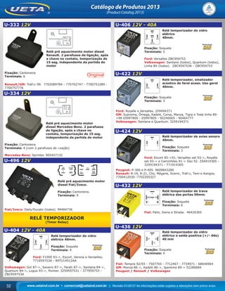 www.uetaind.com.br • comercial@uetaind.com.br | Revisão 01/2013* As informações estão sujeitas a alterações sem prévio aviso32
Catálogo de Produtos 2013
(Product Catalog 2013)
U-332 12V
Relé pré aquecimento motor diesel
Renault. 2 parafusos de ligação, após
a chave no contato, temporização de
15 seg. independente da partida do
motor
Fixação: Cantoneira
Terminais: 6
Renault/GM: Trafﬁc 99. 7702089784 - 770702747 - 7700751089 -
7700757776
U-334 12V
Relé pré aquecimento motor
diesel Mercedes-Benz. 2 parafusos
de ligação, após a chave no
contato, temporização de 15 seg.
independente da partida do motor
Fixação: Cantoneira
Terminais: 4 (com 2 parafusos de ﬁxação)
Mercedes-Benz: Sprinter. 905457132
U-496 12V
Relé pré aquecimento motor
diesel Fiat/Iveco.
Fixação: Cantoneira.
Terminais: 9
Fiat/Iveco: Daily/Ducato (todos). 99484736
RELÉ TEMPORIZADOR
(Timer Relay)
U-404 12V - 40A
Relé temporizador do vidro
elétrico 40mm.
Fixação: Soquete
Terminais: 4
Ford: F1000 93->, Escort, Verona e Versailles.
T71959753A - 89TU14512AA
Volkswagen: Gol 87->, Saveiro 87->, Parati 87->, Santana 84->,
Quantum 84->, Logus 93->, Pointer. 3259597531 - 377959753 -
ZBC959753A
U-406 12V - 40A
Relé temporizador do vidro
elétrico
40mm.
Fixação: Soquete
Terminais: 5
Ford: Versalles ZBC959753
Volkswagen: Santana (todos), Quantum (todos),
Linha BX (todos). ZBC959753A - ZBC959753
U-422 12V
Relé temporizador, sinalizador
acústico de farol aceso. Uso geral
40mm.
Fixação: Soquete
Terminais: 3
Ford: Royalle e Versalles. 259494371
GM: Suprema, Ômega, Kadett, Corsa, Manza, Tigra e Toda linha 89-
>98 05997800 - 05997805 - 90240665 - 90464777
Volkswagen: Santana e Quantum. 3259194371
U-424 12V
Relé temporizador de aviso sonoro
40mm.
Fixação: Soquete
Terminais: 3
Ford: Escort 85->91, Versalles set 93->, Royalle
set 93-> e Caminhões 91-> Dez 92. 2SA919305 -
3259194371 - T71919305
Peugeot: P-306 e P-405. 9609843280
Renault: R-19, R-21, Clio, Mégane, Scenic, Trafﬁc, Twin e Kangoo.
7700412030 -7702205327
U-432 12V
Relé temporizador de trava
elétrica das portas 50mm.
Fixação: Soquete
Terminais: 6
Fiat: Palio, Siena e Strada. 46426365
U-436 12V
Relé temporizador do vidro
elétrico e saída positiva (+/- 60s)
40 mm
Fixação: Soquete
Terminais: 4
Fiat: Tempra 92/93 - 7507765 - 7712467 - 7734971 - 68640964
GM: Monza 86->, Kadett 86->, Ipanema 89-> 52280684
Peugeot / Renault / Volkswagen
Ueta_2013.indd 32Ueta_2013.indd 32 11/04/2013 16:12:2011/04/2013 16:12:20
 