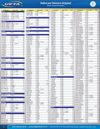 www.uetaind.com.br • comercial@uetaind.com.br | Revisão 01/2013* As informações estão sujeitas a alterações sem prévio aviso4
Índice por Número Original
(Index Original Number)
Nº ORIGINAL CÓD. UETA PÁG
AGCO
3412137ML U-006 / U-006S 22
3412137ML U-010S 23
850000000133 U-002 / U-002L 22
850000000133 U-014 / U-014L 24
850000000133 U-018 / U-018S 24
850000000133 U-126 28
AGRALE
6005011064006 U-064 11
6007011028007 U-008 / U-008S 23
6007011028007 U-008D 23
6007011028007 U-010S 23
6007011336889 U-418 29
6011011007003 U-399 28
BOSCH
90464759 U-308 15/21
BUSSCAR
1377612 U-002 / U-002L 22
1377612 U-014 / U-014L 24
1377612 U-015S 24
1377612 U-017S 24
1377612 U-019S 24
1377612 U-126 28
1377647 U-001 / U-001L 21
1380281 U-102 35
13807966 U-104 36
1381610 U-413 31
1381610 U-416 31
1384031 U-132 40
1384040 U-132i 41
1384040 U-133 41
1384040 U-133i 41
998066 U-416 31
9980660 U-413 31
BUSSCAR / COMIL
1381610 U-414 31
9980660 U-415 31
BUSSCAR / NIELSON
1377639 U-006 / U-006S 22
1377647 U-009S 23
1377647 U-010S 23
CAIO
042004114 U-006 / U-006S 22
042004115 U-001 / U-001L 21
042004119 U-104 36
3505441232 U-006 / U-006S 22
42004174 U-401 30
CAIO / INDUSCAR
042004068 U-067 12
042004095 U-407 29
042004114 U-010S 23
042004121 U-067 12
042004140 U-216 14
042012024
U-600N /
U-600NA
43
3505441232 U-010S 23
92240002001 U-067 12
92260002001
U-600N /
U-600NA
43
CAIO / INDUSCAR / VOLVO
042004115 U-009S 23
CHRYSLER
4143779 U-066 12
4143779 U-216 14
CIFERAL
026811026 U-104 36
341213ML U-006 / U-006S 22
341213ML U-010S 23
390106 U-001 / U-001L 21
390105 U-006 / U-006S 22
390105 U-010S 23
390106 U-009S 23
CITROËN
6455000 U-066 12
6455000 U-216 14
6555330 U-064 11
655VPO U-066 12
7905522200 U-066 12
7905522200 U-216 14
7905522210 U-064 11
Nº ORIGINAL CÓD. UETA PÁG
9253194280 U-008i 23
9563533980 U-022 / U-022S 25
9620220980 U-316 16
9620725080 U-066 12
COMIL
002089 U-104 36
02025 U-066 12
02025 U-216 14
02027 U-067 12
02093102027 U-067 12
29753 U-441 33
DAWEO
90057384 U-020 / U-020S 25
DENSO
3801B U-544 39
FIAT
12244492H1 U-007P 22
12244492H1 U-017S 24
12244492H1 U-019S 24
12244492H1 U-127 28
126513521 U-064 11
227001710 U-008 / U-008S 23
227001710 U-008D 23
227001710 U-010S 23
233200 U-015S 24
233500 U-015S 24
4320625 U-070 12/20
4320625 U-074 13/18/20
4320625 U-326 17/19
4320629 U-070 12/20
4320629 U-074 13/18/20
4320629 U-326 17/19
43533510 U-008 / U-008S 23
4363351 U-008 / U-008S 23
4363351 U-008D 23
43633510 U-006 / U-006S 22
45450422 U-314 16
46409709 U-466 33
46410803 U-450 20
46426365 U-432 32
46450421 U-314 16
46451295 U-070 12/18/20
46451295 U-074 13/18/20
46451295 U-326 17/19
46453554 U-316 16
46453554 U-320 19
464809680 U-488 34
464809690 U-474 34
46520412 U-314 16
46520412 U-344 17
46520421 U-314 16
465204222 U-344 17
46520423 U-316 16
46520423 U-320 16/19
46520429 U-062 11
46520429 U-062A 11/20
46520439 U-062A 11/20
46547217 U-488 34
46818319 U-488 34
4718222 U-363 17
50001451 U-022 / U-022S 25
500014510 U-008i 23
500014510 U-008iM 23
50001457 U-022 / U-022S 25
50001820 U-008i 23
50001820 U-008iM 23
5139526 U-062 11
5942627 U-008i 23
5942627 U-008iM 23
68640964 U-436 32
6885447332 U-008D 23
6885447332 U-008 / U-008S 23
6885447532 U-008 / U-008S 23
7079615 U-450 20
7126285 U-007P 22
7126285 U-017S 24
7126285 U-019S 24
7126285 U-127 28
72218300 U-348 17/19
72218300 U-352 19
75032192 U-400A 29
7518867 U-008i 23
7518867 U-008iM 23
7519717 U-008i 23
7519717 U-008iM 23
7523865 U-470 33
7525171 U-312 15
7525171 U-322 16
Nº ORIGINAL CÓD. UETA PÁG
7544351 U-470 33
75566406 U-546 39
7573490 U-008i 23
7573490 U-022 / U-022S 25
7595406 U-008i 23
7595406 U-008iM 23
7606542 U-062 11
7615576 U-070 12/20
7615576 U-072 13/20
7615576 U-074 13/18/20
7615576 U-326 17/19
7619302 U-070 12/20
7619302 U-070A 13
7619302 U-072 13/20
7619302 U-074 13/18/20
7619302 U-326 19
7621830 U-348 17/19
7621830 U-352 19
76471910 U-546 39
7676504 U-314 16
7676504 U-344 17
7686773 U-070 12/20
7686773 U-072 13/20
7686773 U-074 13/18/20
7686773 U-326 17/19
7686774 U-326 17/19
7686775 U-070 12/18/20
7686775 U-074 13/18/20
7686775 U-326 17/19
7712467 U-436 32
7732354 U-486 34
7734971 U-436 32
7752313 U-062 11/20
7752313 U-062A 11/20
7866774 U-022 / U-022S 25
82430021 U-022 / U-022S 25
82461739 U-070 12/18/20
82461739 U-072 13/20
82461739 U-074 13/18
8266600 U-542 39
902126513521 U-064 11
9021265135E20 U-064 11
9390083018 U-546 39
9390456060 U-546 39
94001112 U-064 11
94004072 U-070 12/20
94004072 U-072 13/20
94004072 U-074 13/18/20
94004072 U-326 17/19
9418528439 U-064 11
97103581 U-063 11
97103581 U-063A 11
TGE64343403 U-544 39
FIAT / IVECO
1391322 U-067 12
1431781 U-067 12
243460 U-067 12
243461 U-067 12
4320625 U-066 12
4320629 U-066 12
46451295 U-066 12
4718222 U-067 12
539509 U-067 12
6555010 U-066 12
6555270 U-066 12
7615576 U-066 12
7619302 U-066 12
7686773 U-066 12
7686774 U-066 12
7688773 U-066 12
7920048162 U-066 12
94002050 U-066 12
94003170 U-066 12
94004042 U-066 12
9418528438 U-066 12
98418150 U-492 34
99484736 U-496 32
FORD
111953227D U-002 / U-002L 22
111953227D U-126 28
111953227D U-020 / U-020S 25
111953227D U-022 / U-022S 25
16C4513350AA U-007P 22
16C4513350AA U-019S 24
16C4513350AA U-127 28
1LST13350BA U-024 25
259494371 U-422 32
292531831 U-020 / U-020S 25
2BC953227 U-020 / U-020S 25
2SA919305 U-424 32
Nº ORIGINAL CÓD. UETA PÁG
305955531 U-400 28
3259112611 U-066 12
3259112613 U-066 12
3259112614 U-408 21
3259194371 U-424 32
541959141 U-448 19
541959141A U-446 33
542937503D U-312 15
542937503D U-322 16
6015107 U-306 15/19/21
6885427619 U-066 12
75438 U-016 / U-016S 24
78AU15040A U-066 12
78GG13350AA U-002 / U-002L 22
78GG13350AA U-020 / U-020S 25
78GG13350AA U-022 / U-022S 25
78GG13350AA U-126 28
78GG13650AA U-020 / U-020S 25
78GG13650AA U-022 / U-022S 25
78GG650AA U-002 / U-002L 22
78GG650AA U-126 28
78MU18C641A U-064 11
79MU13842A U-064 11
819909801 U-016 / U-016S 24
81AG14N089AA U-064 11
81AG14N089CA U-064 11
81AG14NO89AA U-306 15/19/21
81AG14NO89CC U-306 15/19/21
81TU13350AA U-002 / U-002L 22
81TU13350AA U-018 / U-018S 24
81TU13350AA U-126 28
83BG13350AA U-022 / U-022S 25
83BG14N089CA U-062 11
85AU14N089CA U-064 11
85AU14NO89CA U-306 15/19/21
85HB13350AA U-007P 22
85HB13350AA U-015S 23
85HB13350AA U-019S 24
85HB13350AA U-127 28
86AG14N089AA U-312 15
86AG14N089AA U-322 16
86AU13350AA U-022 / U-022S 25
86AU14N089A U-312 15
86AU14N89A U-322 16
86AU18C641CA U-064 11
86AU18C641CA U-306 15/19/21
86AV13.50AA U-002 / U-002L 22
86AV13350AA U-126 28
86TU13842AA U-064 11
86TU14089AA U-064 11
86TU14N089A U-064 11
87EU133501AA U-016 / U-016S 24
87EU18C641AA U-064 11
87EU18C641AA U-306 15/19/21
87TU13350AA U-018 / U-018S 24
89TU14512AA U-404 32
9175438 U-022 / U-022S 25
93AG13350AB U-002 / U-002L 22
93AG13350AB U-022 / U-022S 25
93AG13350AB U-126 28
93BG13AO25AB U-066 12
93BG14N089CA U-062 11
93BG14N089CB U-062 11
96FG14N089AA U-312 15
96FG14N089AA U-322 16
97CT15K235BA U-063 11
97CT15K235CA U-063 11
98FU14N089BA U-322 16
98FU14NO89BA U-312 15
BDOC13350A U-002 / U-002L 22
BDOC13350A U-018 / U-018S 24
BDOC13350A U-022 / U-022S 25
BDOC13350A U-126 28
EZHT4A156BA U-066 12
F57B14B192AA U-316 16
RP941589 U-067 12
SL5513350AA U-024 25
SL5513350AAA U-024 25
T00941589 U-306 15/19/21
T71919305 U-424 32
T71959753A U-404 32
TAR953227 U-002 / U-002L 22
TAR953227 U-126 28
TJG941589 U-064 11
TJG953227 U-002 / U-002L 22
TJG953227 U-018 / U-018S 24
TJG953227 U-020 / U-020S 25
TJG953227 U-126 28
TRT150324 U-448 19
VXC3A13350AA U-024 25
ZBA955531 U-400 28
ZBC937503 U-064 11
Ueta_2013.indd 4Ueta_2013.indd 4 11/04/2013 16:11:5011/04/2013 16:11:50
 