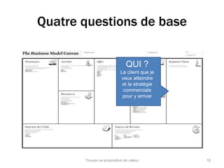 Quatre questions de base 
18 
QUI ? 
Le client que je 
veux atteindre 
et la stratégie 
commerciale 
pour y arriver 
Trouver sa proposition de valeur 
 