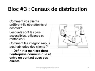Bloc #3 : Canaux de distribution 
Comment vos clients 
préfèrent-ils être atteints et 
acheter? 
Lesquels sont les plus 
accessibles, efficaces et 
rentables ? 
Comment les intégrons-nous 
aux habitudes des clients ? 
→ Définir la manière dont 
l’entreprise communique et 
entre en contact avec ses 
clients. 
Trouver sa proposition de valeur 26 
 