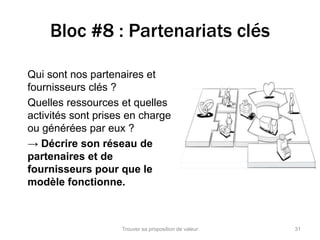 Bloc #8 : Partenariats clés 
Qui sont nos partenaires et 
fournisseurs clés ? 
Quelles ressources et quelles 
activités sont prises en charge 
ou générées par eux ? 
→ Décrire son réseau de 
partenaires et de 
fournisseurs pour que le 
modèle fonctionne. 
Trouver sa proposition de valeur 31 
 