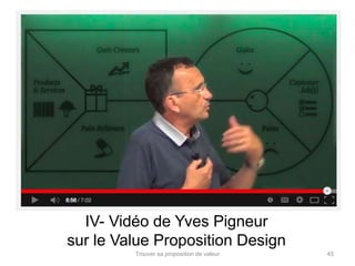 IV- Vidéo de Yves Pigneur 
sur le Value Proposition Design 
Trouver sa proposition de valeur 45 
 