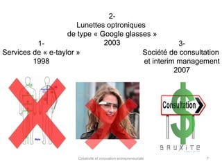 1- 
Services de « e-taylor » 
1998 
2- 
Lunettes optroniques 
de type « Google glasses » 
2003 3- 
Société de consultation 
et interim management 
2007 
Créativité et innovation entrepreneuriale 7 
 