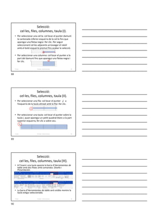 Selecció:
cel·les, files, columnes, taula (I).
• Per seleccionar una cel·la: col·locar el punter damunt
la cantonada inferior esquerra de la cel·la fins que
aparegui una fletxa negra i fer clic. Per seguir
seleccionant cel·les adjacents arrossegar el ratolí
amb el botó esquerre premut fins acabar la selecció.
• Per seleccionar una columna: col·locar el punter a la
part del damunt fins que aparegui una fletxa negra i
fer clic.
Formador: Antonio Carrasco 88
6-Taules
Selecció:
cel·les, files, columnes, taula (II).
• Per seleccionar una fila: col·locar el punter a
l’esquerra de la taula alineat amb la fila i fer clic.
• Per seleccionar una taula: col·locar el punter sobre la
taula i, quan aparegui un petit quadrat blanc a la part
superior esquerra, fer clic a sobre seu.
Formador: Antonio Carrasco 89
6-Taules
Selecció:
cel·les, files, columnes, taula (III).
• A l’inserir una taula apareix la barra d’Herramientas de
tabla amb dos fitxes amb comandos: Diseño i
Presentación.
• La barra d’Herramientas de tabla serà visible mentre la
taula estigui seleccionada.
Formador: Antonio Carrasco 90
6-Taules
88
89
90
 