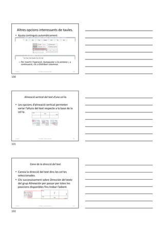 • Ajusta continguts automàticament:
– Per invertir l’operació: Autoajustar a la ventana i, a
continuació, clic a Distribuir columnas.
Altres opcions interessants de taules.
Formador: Antonio Carrasco 100
6-Taules
Alineació vertical del text d’una cel·la.
• Les opcions d’alineació vertical permeten
variar l’altura del text respecte a la base de la
cel·la.
Formador: Antonio Carrasco 101
6-Taules
Canvi de la direcció del text.
• Canvia la direcció del text dins les cel·les
seleccionades.
• Clic successivament sobre Dirección del texto
del grup Alineación per passar per totes les
posicions disponibles fins trobar l’adient.
Formador: Antonio Carrasco 102
6-Taules
100
101
102
 
